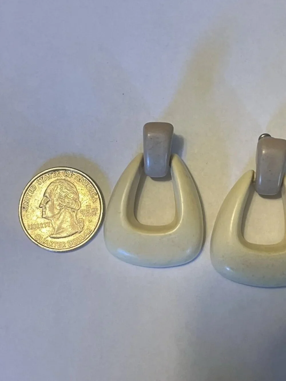Vintage 80s Cream Taupe Door Knocker Earrings Geometic Statement Pierced Retro